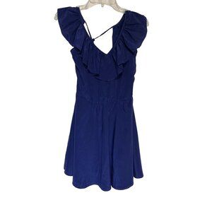 Blue Silk Dress With Ruffle Neckline & Back Tie Back Sleek Timeless